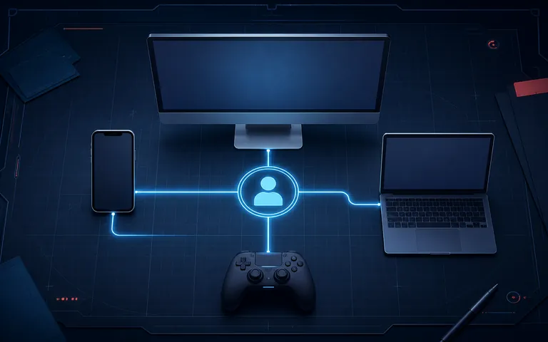 Desktop, phone, laptop, and controller connected to one account path