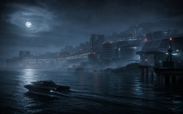 Moonlit fog over a modern coastal district with a watercraft